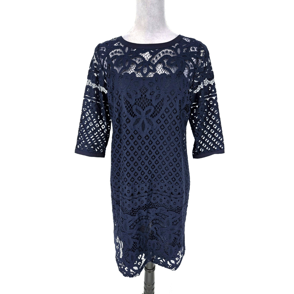Loft Dress Petites 8P Navy Blue Lace Lined Shift Evening Wedding Formal New